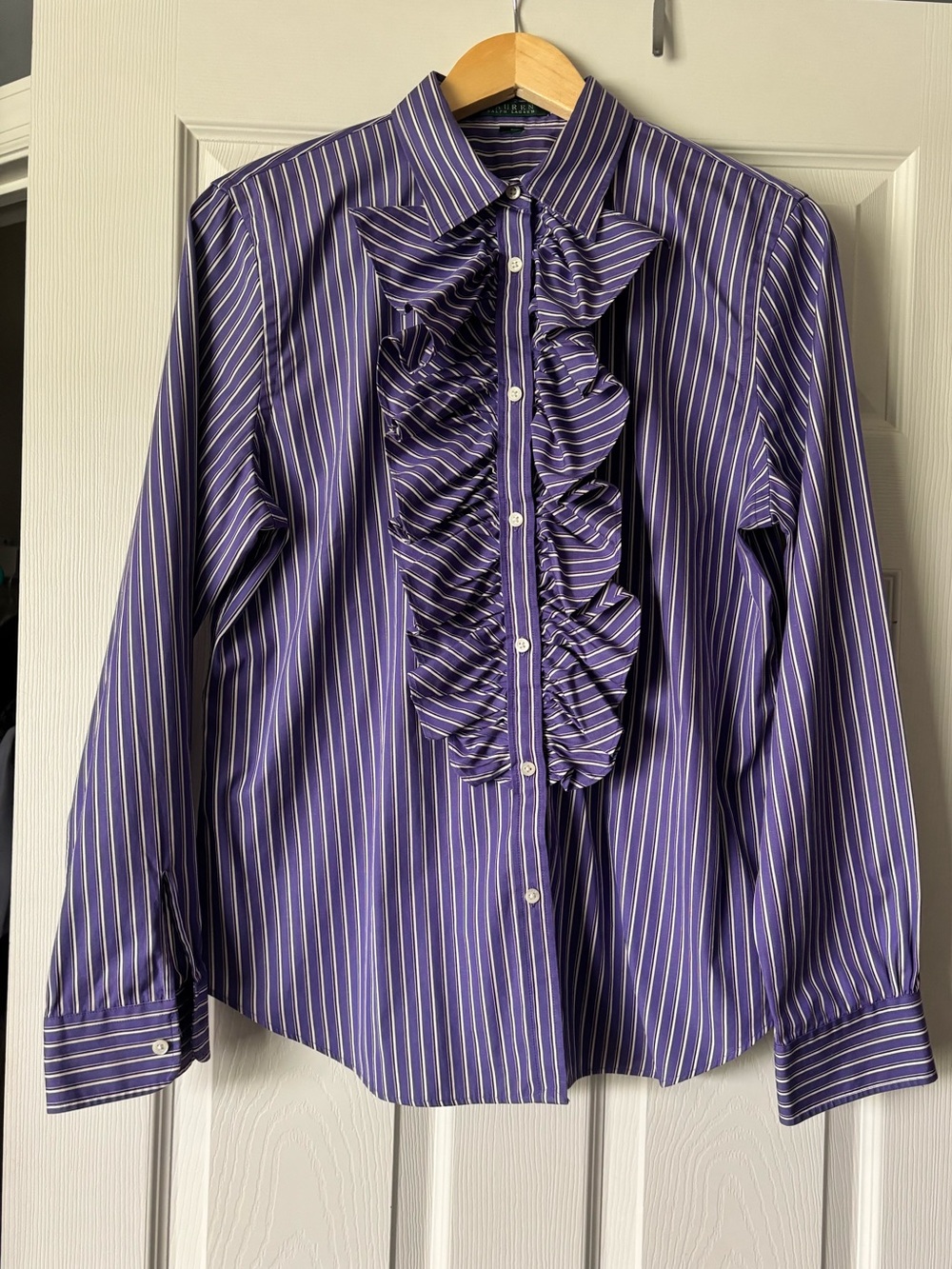 Ralph Lauren Purple Stripe Ruffle Front Button-Down Shirt - Picture 2 of 5